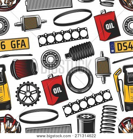 Vehicle Service Seamless Pattern, Car Spare Parts And Fuel Canister, Oli Filter And Spring, Vacuum C