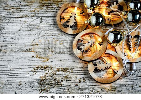 Top View Decorate Ornament For Christmas Background With Girland Light And Small Christmas Ball  Gre