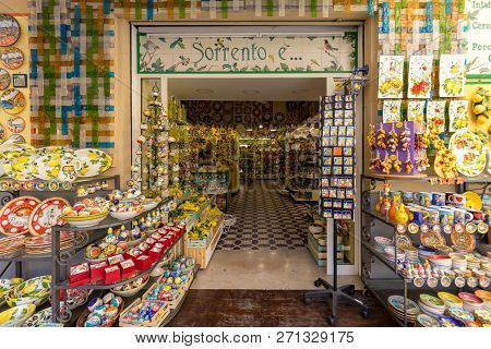 Sorrento, Italy - June 12, 2017: Hand Painted Plates And Other Ceramic Souvenirs A Market In Sorrent