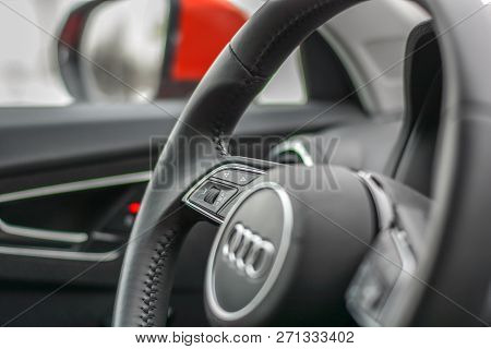Belgrade, Serbia - March 3, 2017: Modern Steering Wheel Form Car Brand Audi Q2, Serbia