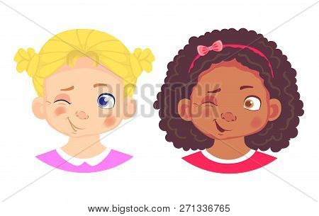 Girls Character Set. Emotions Of Children Face. Face  Illustration