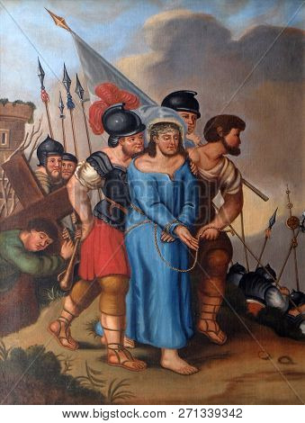 RETZBACH, GERMANY - JULY 04, 2018: 5th Stations of the Cross, Simon of Cyrene carries the cross, Maria im Grunen Tal pilgrimage church in Retzbach in the Bavarian district of Main-Spessart, Germany