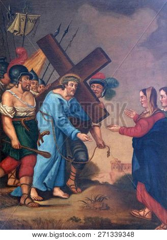 RETZBACH, GERMANY - JULY 04, 2018: 4th Stations of the Cross, Jesus meets His Mother, Maria im Grunen Tal pilgrimage church in Retzbach in the Bavarian district of Main-Spessart, Germany