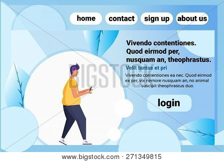 Fat Man Profile Bubble Chat Using Smartphone Online Communication Cartoon Character Full Length Hori