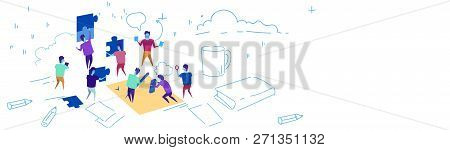 Business People Putting Puzzle Pieces Team Working Jigsaw Concept Problem Solution Hardworking Proce