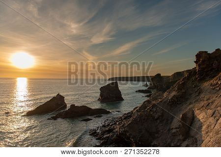 Rock Formation On The South West Coastline In Cornwall , Uk