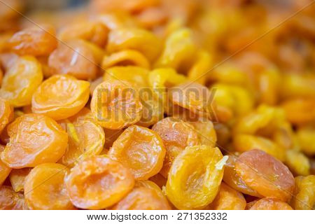 Unpackaged Natural Dried Apricots Fruits Bokeh: Healthy Market
