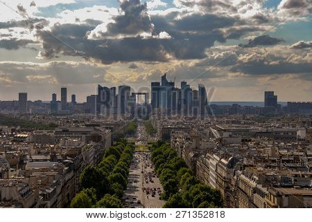 Areal Shot Of The Paris Cityscape And Skyscrapers Taken From Arc De Triomphe.