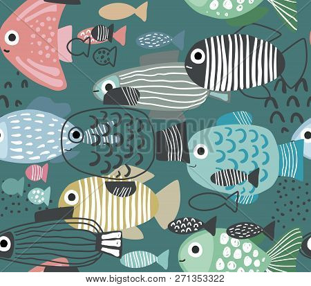 Vector Seamless Pattern With Funny Fishes In Abstract Style
