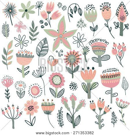 Vector Collection Of Fancy Flowers. Scandinavian Motives.