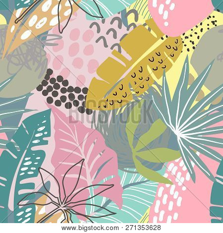 Vector Seamless Pattern With Tropical Plants And Hand Drawn Abstract Textures