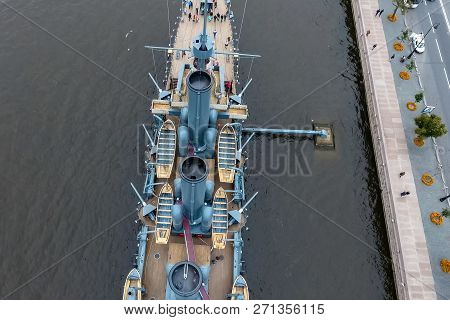 Pererburg, Russia - May 29, 2018: Cruiser Aurora In The River Neu, The City Of St.petersburg. Open T