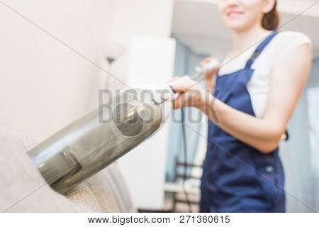 Cleaning Service With Professional Equipment During Work. Professiona Carpet Dry Cleaning, Sofa Dry 