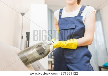 Cleaning Service With Professional Equipment During Work. Professiona Carpet Dry Cleaning, Sofa Dry 