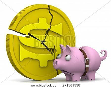 The Crisis Of The American Economy. Pig Piggy Bank, Overtighten A Belt, Looks At The Cracked Coin Wi