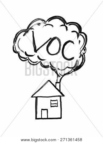 Black Brush And Ink Artistic Rough Hand Drawing Of Smoke Coming From House Chimney Into Air. Environ