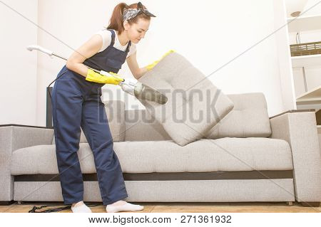 Cleaning Service With Professional Equipment During Work. Professiona Carpet Dry Cleaning, Sofa Dry 