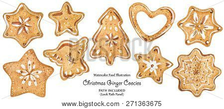 Homemade Decorated Christmas Gingerbread, Watercolor Isolated Illustration