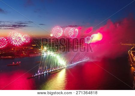 Salute Scarlet Sails. The Festive Salute Is Grandiose. Fireworks Pyrotechnics.