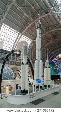 Moscow, Russia - November 28, 2018: Interior of the Space pavilion at VDNH. Angara rocket family is a family of space-launch vehicles