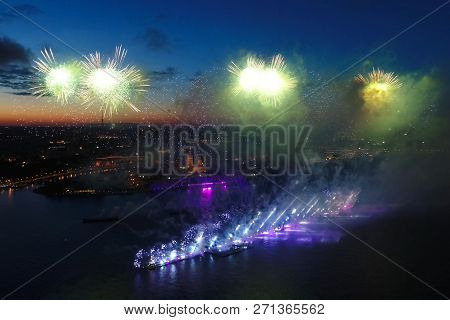 Salute Scarlet Sails. The Festive Salute Is Grandiose. Fireworks Pyrotechnics.