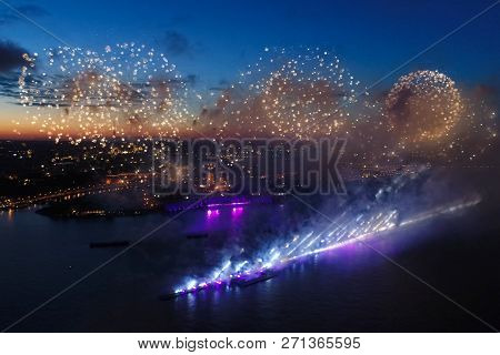 Salute Scarlet Sails. The Festive Salute Is Grandiose. Fireworks Pyrotechnics.