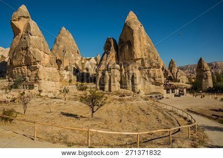 Spectacular Unique Volcanic Rock Formations At Love Valley. Beautiful Landscape With Mountains In Su