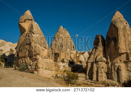 Flying In A Balloon. Unusual Mountains In Sunny Weather In Summer. Beautiful Landscape In Summer Wit