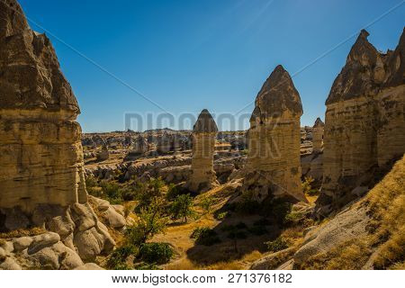 Cappadocia, Anatolia, Turkey: Fabulous Landscape With Mountains In Sunny Weather. Beautiful View Of 