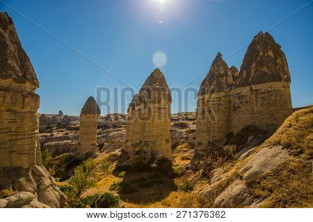 Cappadocia, Anatolia, Turkey: Fabulous Landscape With Mountains In Sunny Weather. Beautiful View Of 