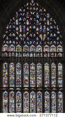 York, England - April 2018: The Great East Window, Largest Expanse Of Medieval Stained Glass In Unit