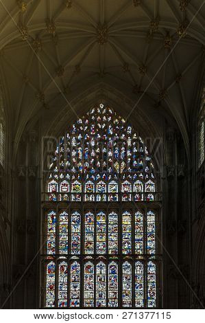 York, England - April 2018: The Great East Window, Largest Expanse Of Medieval Stained Glass In Unit