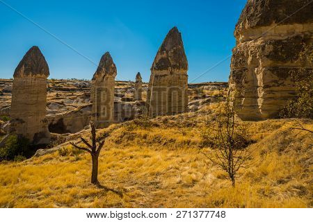 Cappadocia, Anatolia, Turkey: Magnificent Landscape With Mountains In Sunny Weather. Beautiful View 