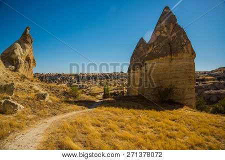 Cappadocia, Anatolia, Turkey: Magnificent Landscape With Mountains In Sunny Weather. Beautiful View 