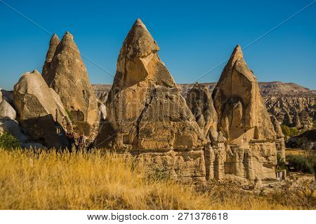 Cappadocia, Anatolia, Turkey: Extraordinary Landscape With Mountains In Sunny Weather. Beautiful Vie