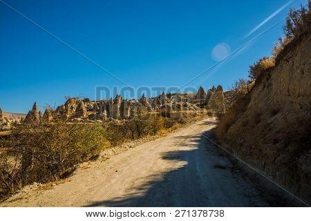 Cappadocia, Anatolia, Turkey: Extraordinary Landscape With Mountains In Sunny Weather. Beautiful Vie