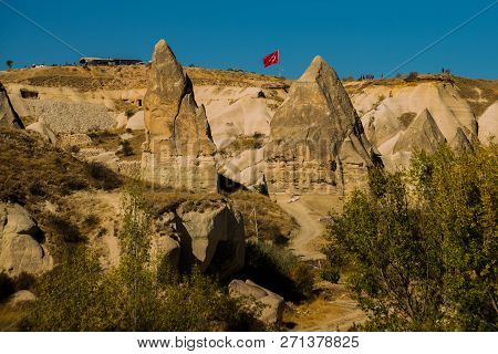 Cappadocia, Anatolia, Turkey: Extraordinary Landscape With Mountains In Sunny Weather. Beautiful Vie