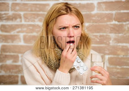 Girl Feels Ill Suffer Fever And Take Medicine. Pills For Breaking Fever. Headache And Fever Remedies