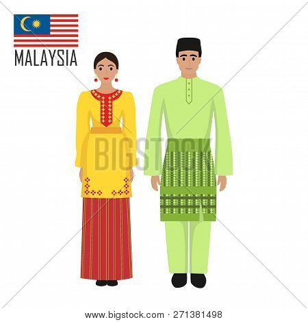 Malasian Young Man And Woman In National Costume. Malaysia Couple Wearing Traditional Costumes. Vect