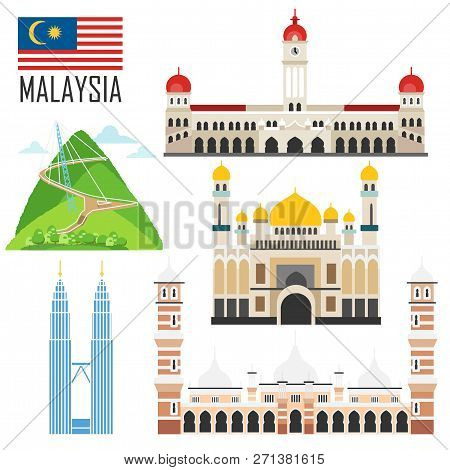 Set With Malaysia Landmarks In Flat Style. Vector Illustration
