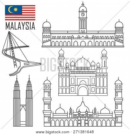 Set With Malaysia Landmarks In Outline Style. Vector Illustration