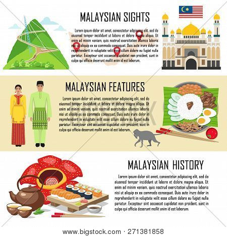 Malaysia Banner Set With Malasian Sights, Features, History. Infographic With Symbols. Travel And To
