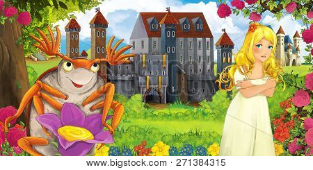 Cartoon Nature Scene With Beautiful Castles Near The Forest Happy Dumbledore Bug And Young Girl Look