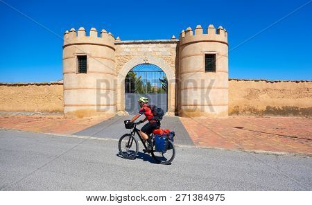 Minaya bicycle pilgrim at way of Saint James Levante in Castile La Mancha