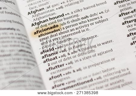The Word Or Phrase Aficionado In A Dictionary Highlighted With Marker.