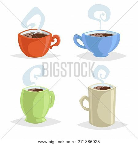 Cartoon Coffee Mugs Or Cup Set. Collection Of Trendy Design Colorful Coffee Icons. Best For Cafe And