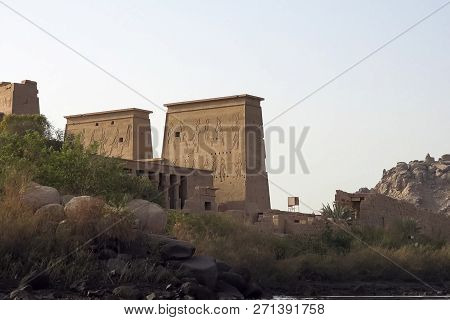 Buildings And Columns Of Ancient Egyptian Megaliths. Ancient Ruins Of Egyptian Buildings