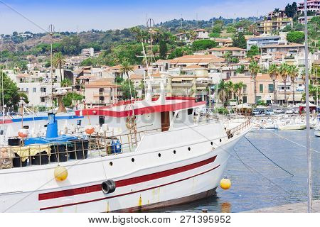 Acitrezza Harbor With Fisher Boats Next To Cyclops Islands, Catania, Sicily