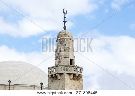 The Minaret Of Caliph Omar Mosque Is Located Near Hurva Synagogue In Old City Of Jerusalem, Israel