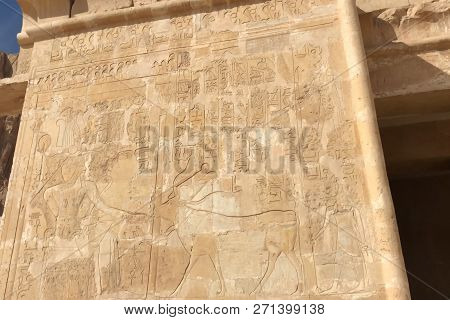 Buildings And Columns Of Ancient Egyptian Megaliths. Ancient Ruins Of Egyptian Buildings